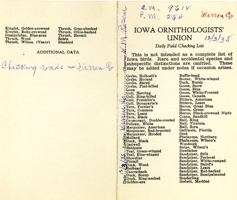 Bird checklist dated December 3, 1935. This checklist was used by Walter Rosene to record birds sighted around Warren County between 9:00 and 12:00, and 2:00 and 4:00.