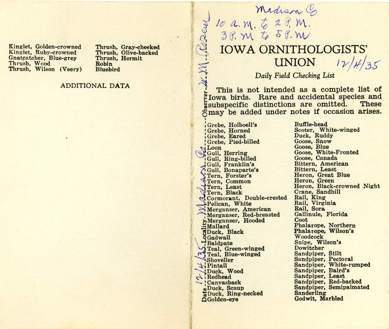 Bird checklist dated December 4, 1935. This checklist was used by Walter Rosene to record birds sighted around Madison County between 10:00 and 2:00, and 3:00 and 5:00.