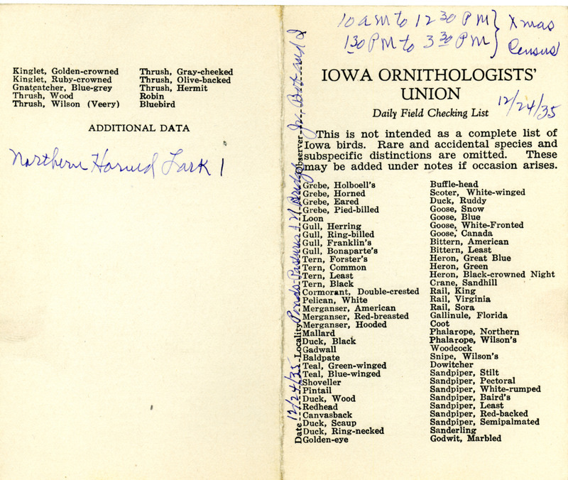 Bird checklist dated December 24, 1935. This checklist was used by Walter Rosene to record birds sighted around Boone County with Bob Walker and Walter Jr. between 10:00 and 12:30, and 1:30 and 3:30.