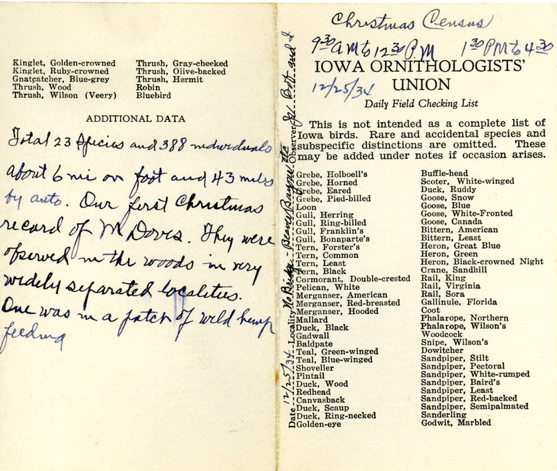 Bird checklist dated December 25, 1934. This checklist was used by Walter Rosene to record birds sighted around Boone County with Bob Walker and Walter Jr. between 9:30 and 12:30, and 1:30 and 4:30.