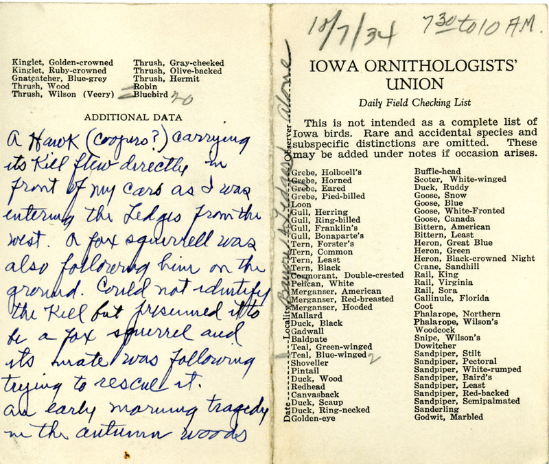 Bird checklist dated October 7, 1934. This checklist was used by Walter Rosene to record birds sighted around the Ledges between 7:30 and 10:00.