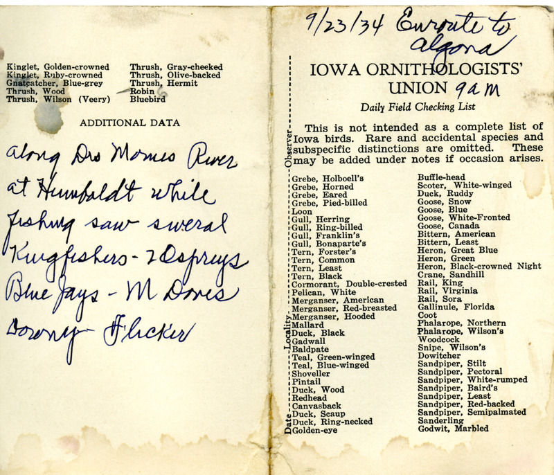 Bird checklist dated September 23, 1934. This checklist was used by Walter Rosene to record birds sighted enroute to Algona starting at 9:00.