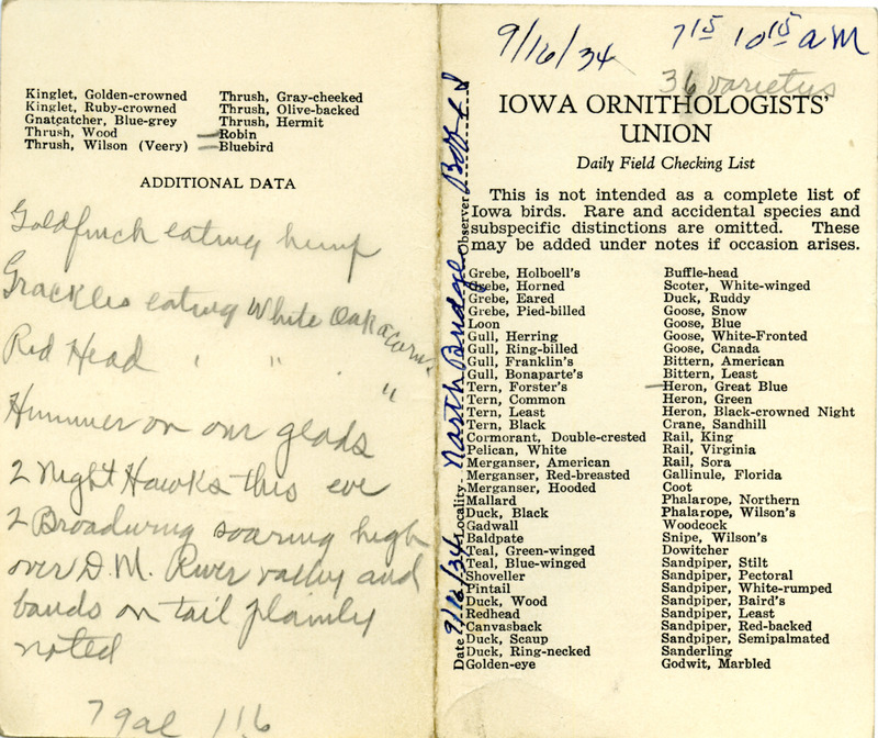 Bird checklist dated September 16, 1934. This checklist was used by Walter Rosene to record birds sighted around North Bridge with Bob Walker between 7:15 and 10:15.