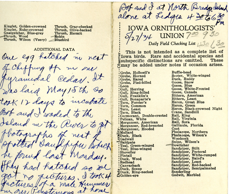 Bird checklist dated May 27, 1934. This checklist was used by Walter Rosene to record birds sighted around North Bridge Island with Bob Walker between 7:00 and 9:30 and by himself at the Ledges between 4:30 and 6:30.