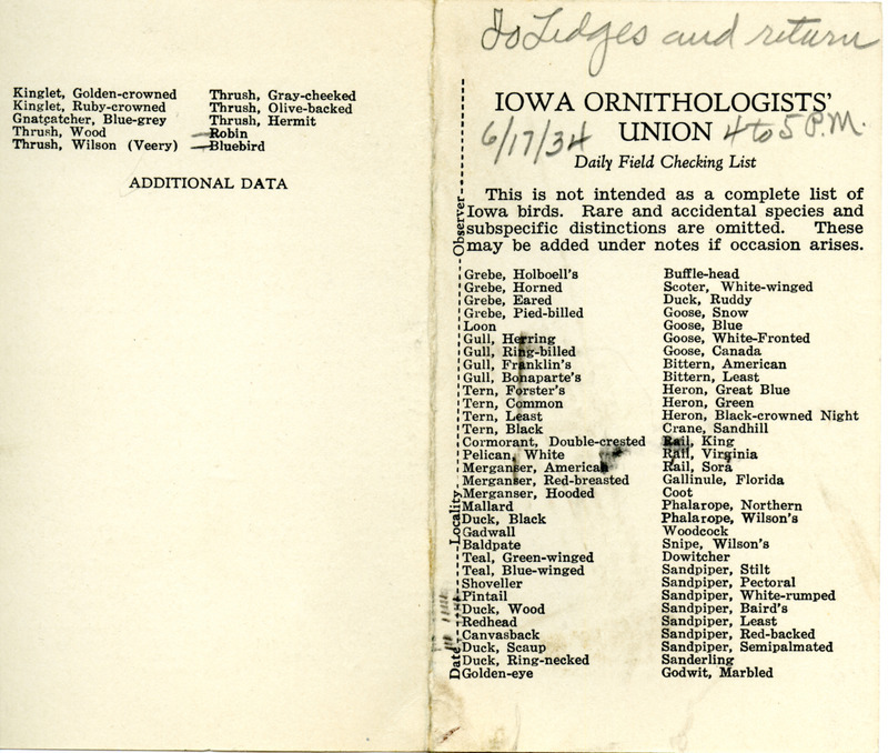 Bird checklist dated June 17, 1934. This checklist was used by Walter Rosene to record birds sighted around the Ledges between 4:00 and 5:00.