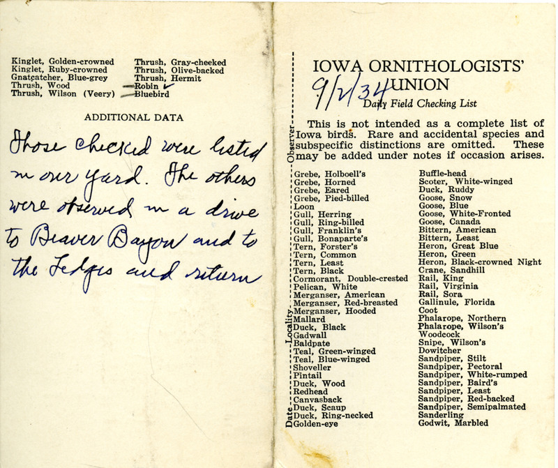 Bird checklist dated September 2, 1934. This checklist was used by Walter Rosene to record birds sighted around Ogden, Beaver Bayou and the Ledges.