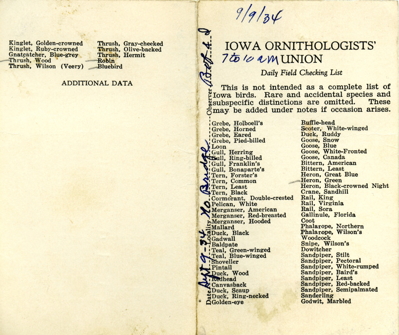 Bird checklist dated September 9, 1934. This checklist was used by Walter Rosene to record birds sighted around North Bridge with Bob Walker between 7:00 and 10:00.