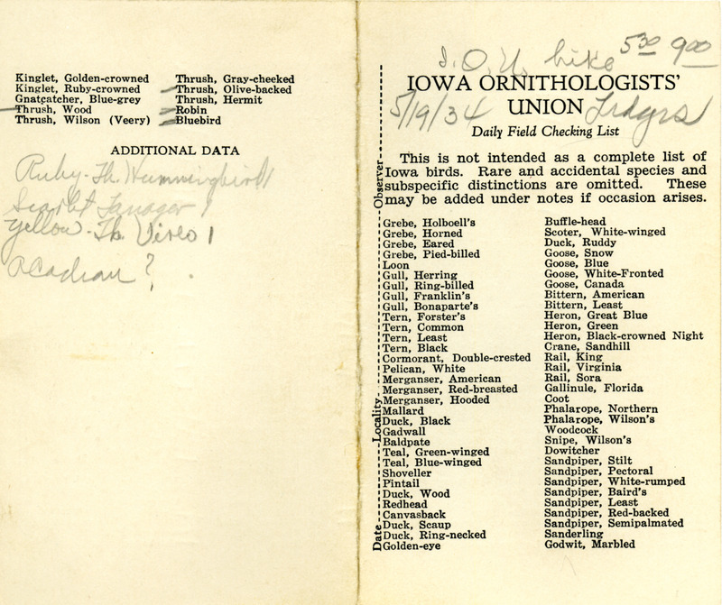 Bird checklist dated May 19, 1934. This checklist was used by Walter Rosene to record birds sighted during an IOU hike around the Ledges between 5:30 and 9:00.