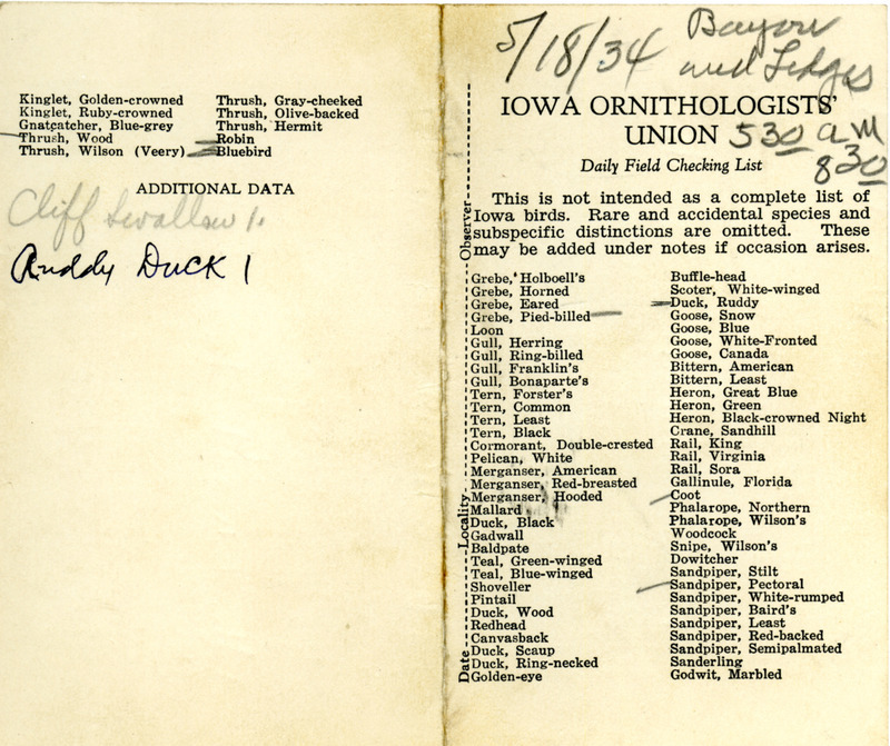 Bird checklist dated May 18, 1934. This checklist was used by Walter Rosene to record birds sighted around the Ledges between 5:30 and 8:30.