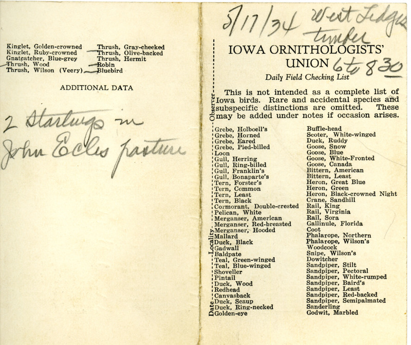 Bird checklist dated May 17, 1934. This checklist was used by Walter Rosene to record birds sighted around the Ledges between 6:00 and 8:30.