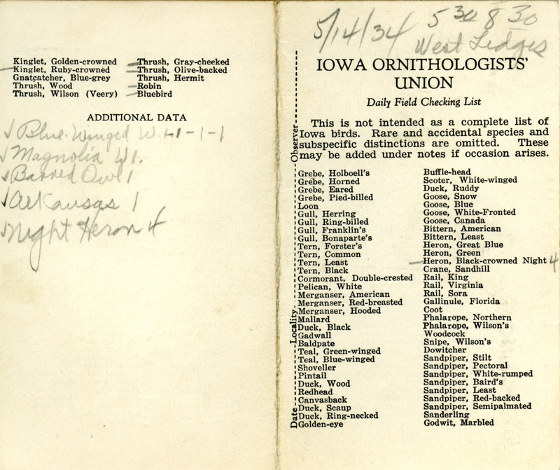 Bird checklist dated May 14, 1934. This checklist was used by Walter Rosene to record birds sighted around the Ledges between 5:30 and 8:30.