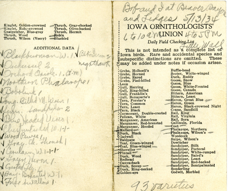 Bird checklist dated May 13, 1934. This checklist was used by Walter Rosene to record birds sighted around Beaver Bayou and the Ledges with Bob Walker between 6:00 and 9:00, and Little Wall Lake between 4:00 and 5:00.