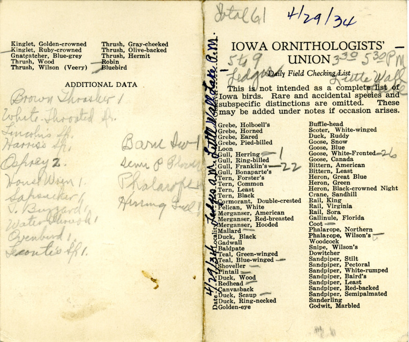 Bird checklist dated April 29, 1934. This checklist was used by Walter Rosene to record birds sighted around the Ledges between 5:00 to 9:00 and Little Wall Lake between 3:30 and 5:30.