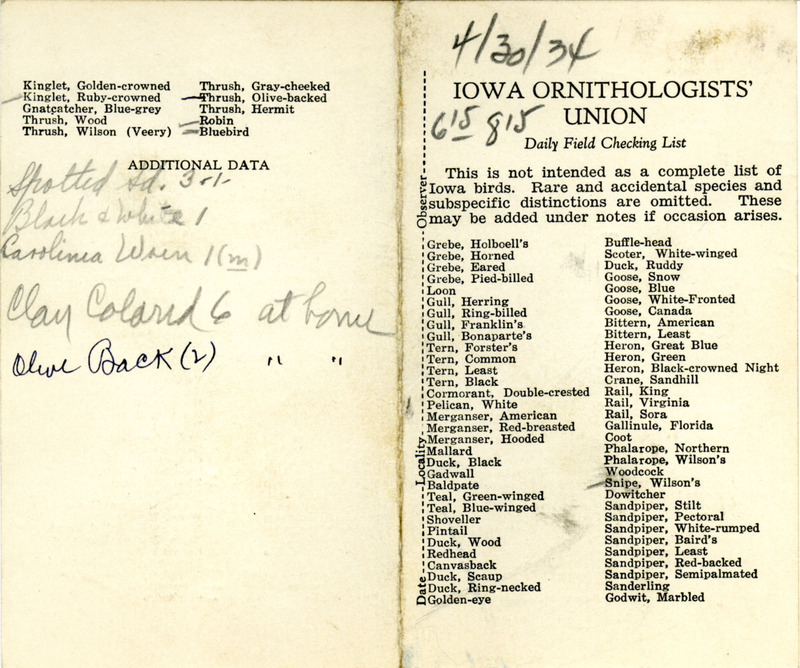 Bird checklist dated April 30, 1934. This checklist was used by Walter Rosene to record birds sighted around Boone County between 6:15 and 8:15.