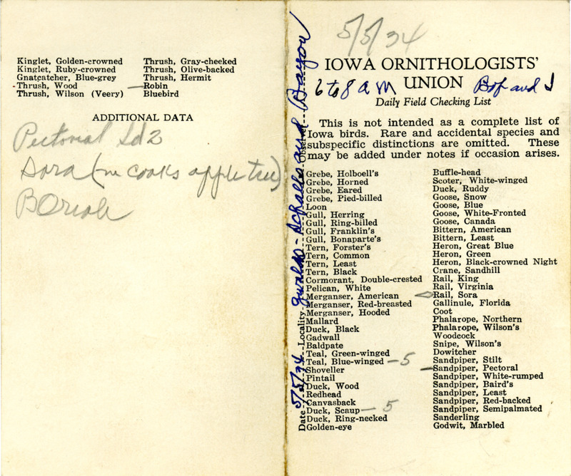 Bird checklist dated May 5, 1934. This checklist was used by Walter Rosene to record birds sighted around Boone County with Bob Walker between 6:00 and 8:00.