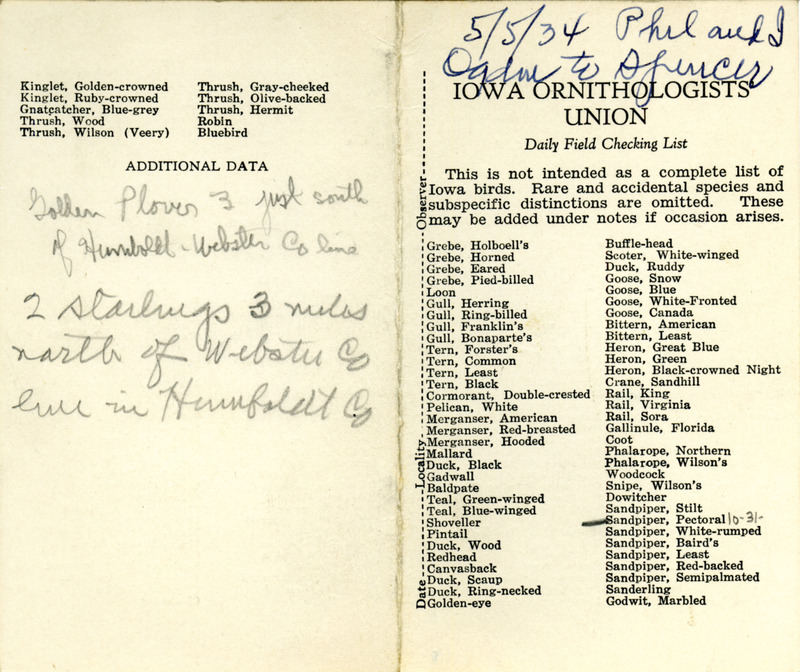 Bird checklist dated May 5, 1934. This checklist was used by Walter Rosene to record birds sighted enroute from Ogden to Spencer with Philip DuMont.