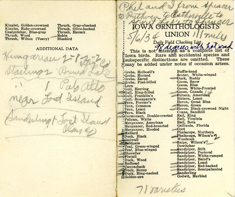 Bird checklist dated May 6, 1934. This checklist was used by Walter Rosene to record birds sighted on a trip from Spencer to Ruthven to Estherville to Spirit Lake to Spencer with Philip DuMont.