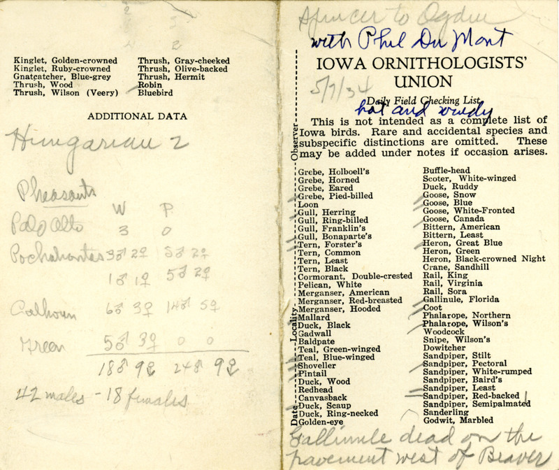 Bird checklist dated May 7, 1934. This checklist was used by Walter Rosene to record birds sighted enroute from Spencer to Ogden with Philip DuMont.