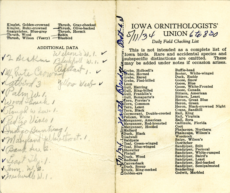 Bird checklist dated May 11, 1934. This checklist was used by Walter Rosene to record birds sighted around North Bridge with Bob Walker between 6:00 and 8:30.