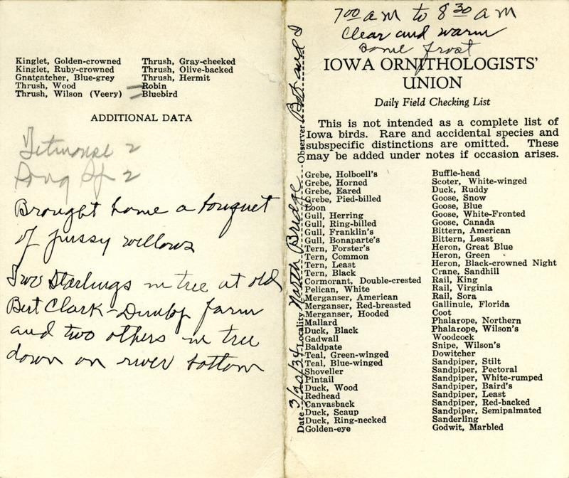 Bird checklist dated March 20, 1934. This checklist was used by Walter Rosene to record birds sighted around North Bridge with Bob Walker between 7:00 and 8:30.