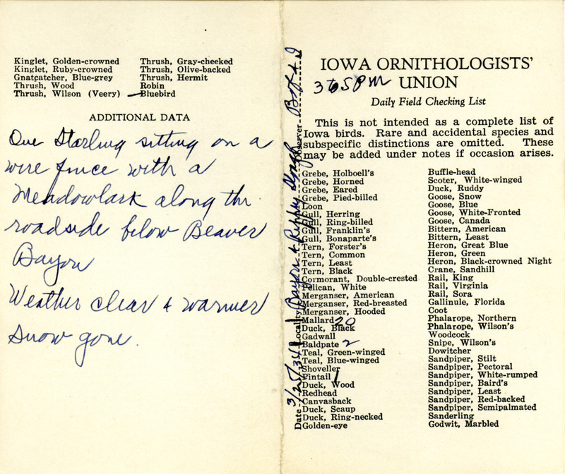 Bird checklist dated March 25, 1934. This checklist was used by Walter Rosene to record birds sighted around Beaver Bayou and Rippey Slough with Bob Walker between 3:00 and 5:00.