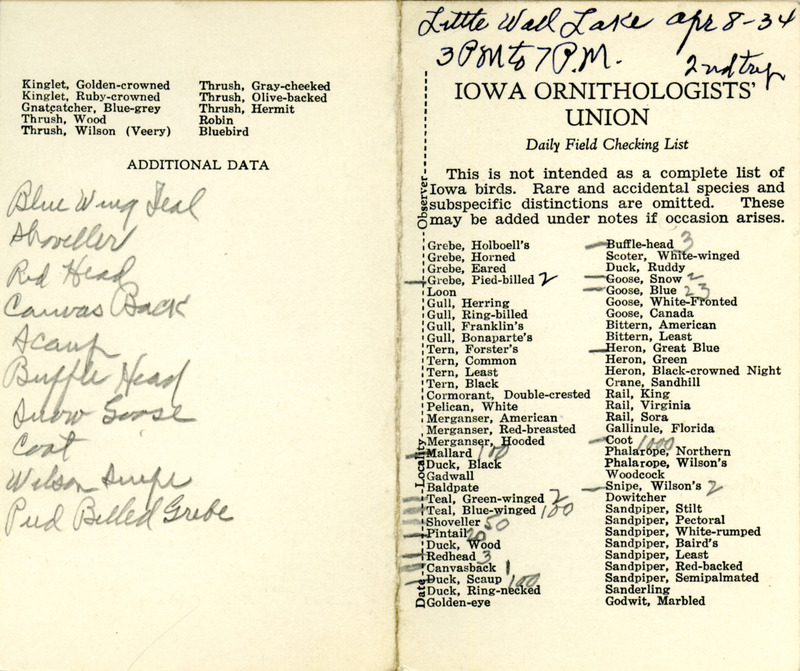 Bird checklist dated April 8, 1934. This checklist was used by Walter Rosene to record birds sighted around Little Wall Lake between 3:00 and 7:00.