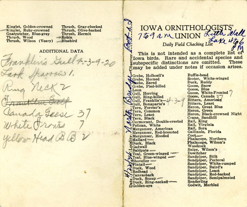 Bird checklist dated April 22, 1934. This checklist was used by Walter Rosene to record birds sighted around North Bridge with Bob Walker between 7:00 and 9:00 and Little Wall Lake between 4:00 and 6:00.