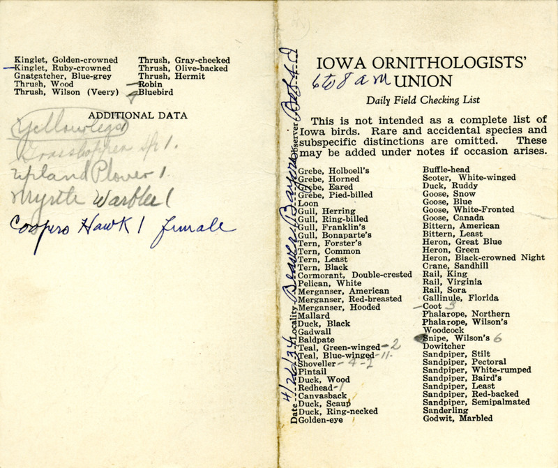 Bird checklist dated April 26, 1934. This checklist was used by Walter Rosene to record birds sighted around Beaver Bayou with Bob Walker between 6:00 and 8:00.