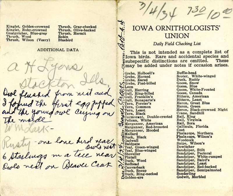 Bird checklist dated March 4, 1934. This checklist was used by Walter Rosene to record birds sighted around Beaver Creek with Bob Walker between 7:30 and 10:00.