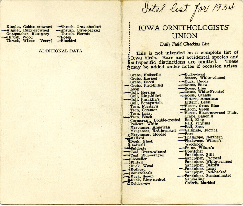 Bird checklist. This checklist was used by Walter Rosene to record the bird species he sighted during 1934.