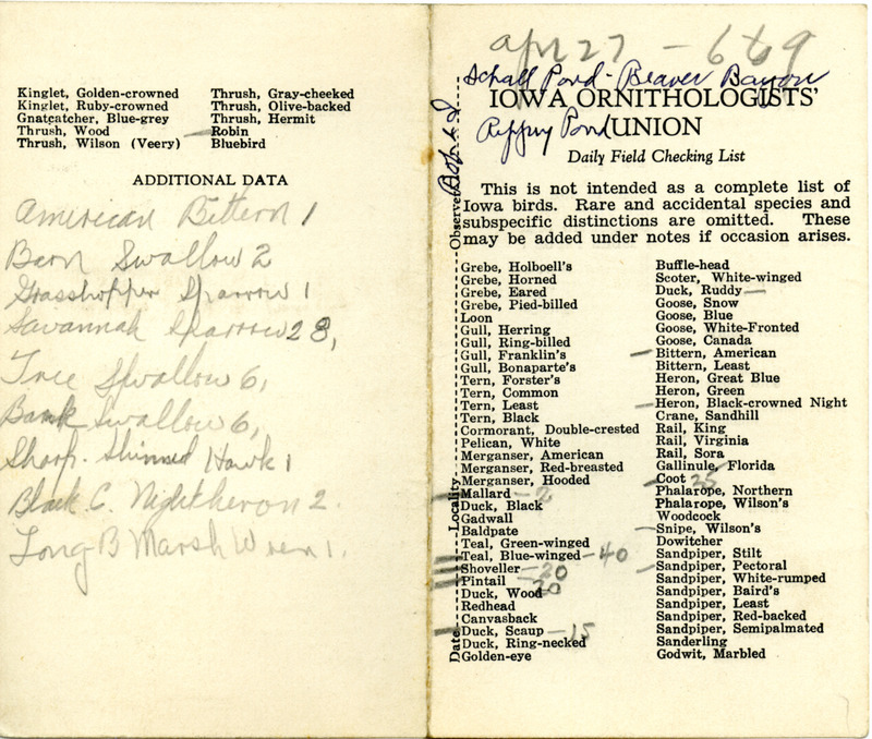 Bird checklist dated April 27, 1933. This checklist was used by Walter Rosene to record birds sighted around Schall Pond, Beaver Bayou and Rippey Pond with Bob Walker between 6:00 and 9:00.