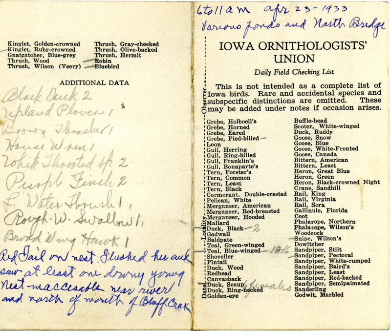 Bird checklist dated April 23, 1933. This checklist was used by Walter Rosene to record birds sighted around Boone County between 6:00 and 11:00.