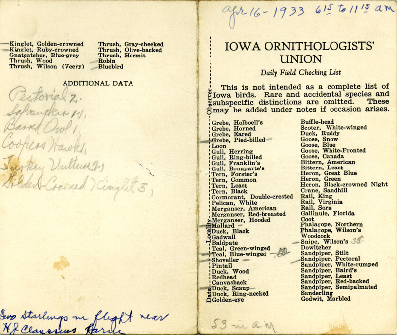 Bird checklist dated April 16, 1933. This checklist was used by Walter Rosene to record birds sighted around Boone County between 6:15 and 11:15.