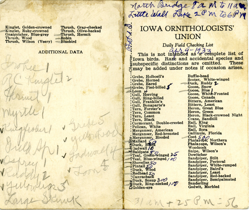 Bird checklist dated April 9, 1933. This checklist was used by Walter Rosene to record birds sighted with Bob Walker around North Bridge between 8:00 and 11:00, and Little Wall Lake between 2:00 and 6:00.