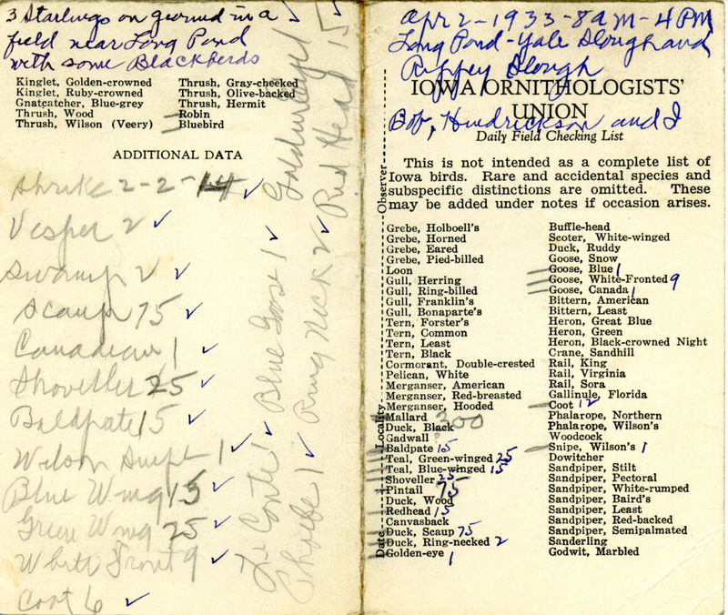 Bird checklist dated April 2, 1933. This checklist was used by Walter Rosene to record birds sighted around Long Pond, Yale Slough and Rippey Slough with Bob Walker and George Hendrickson between 8:00 and 4:00.