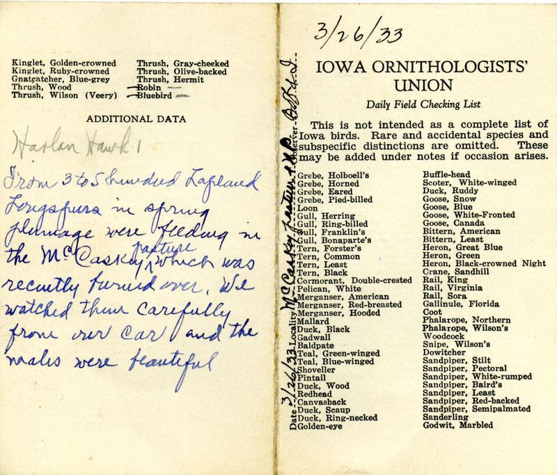 Bird checklist dated March 26, 1933. This checklist was used by Walter Rosene to record birds sighted around McCaskey Pasture and North Pond with Bob Walker.