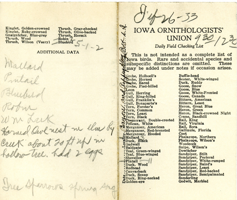 Bird checklist dated February 26, 1933. This checklist was used by Walter Rosene to record birds sighted around Beaver Bayou and Rippey Slough with Bob Walker between 9:30 and 12:30.