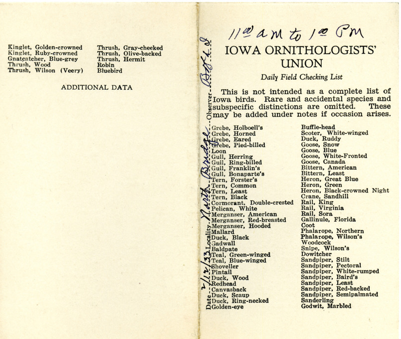 Bird checklist dated February 12, 1933. This checklist was used by Walter Rosene to record birds sighted around North Bridge with Bob Walker between 11:00 and 1:00.