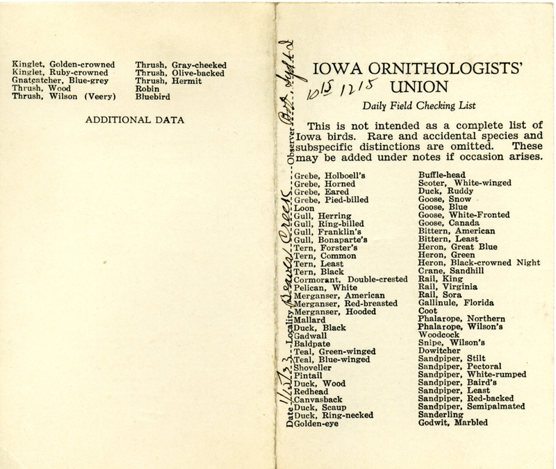 Bird checklist dated January 15, 1933. This checklist was used by Walter Rosene to record birds sighted around Beaver Creek with Bob Walker and Syd between 10:15 and 12:15.