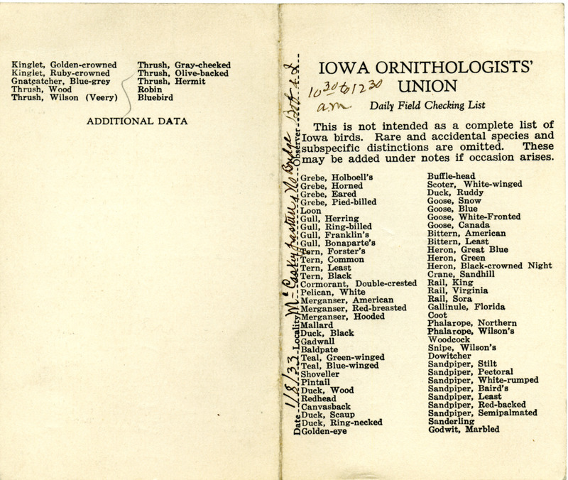 Bird checklist dated January 8, 1933. This checklist was used by Walter Rosene to record birds sighted around McCaskey Pasture and North Bridge with Bob Walker between 10:30 and 12:30.