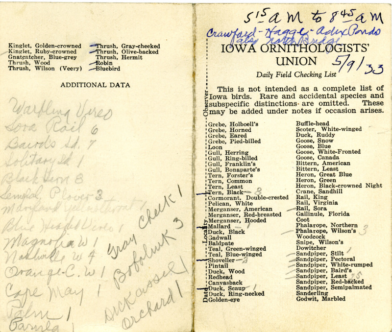 Bird checklist dated May 9, 1933. This checklist was used by Walter Rosene to record birds sighted around Boone County between 5:15 and 8:45.