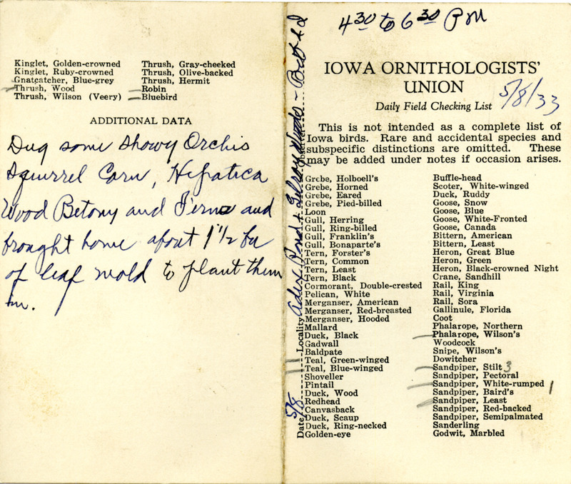 Bird checklist dated May 8, 1933. This checklist was used by Walter Rosene to record birds sighted around Adex Pond and Gilroy Woods with Bob Walker between 4:30 and 6:30.