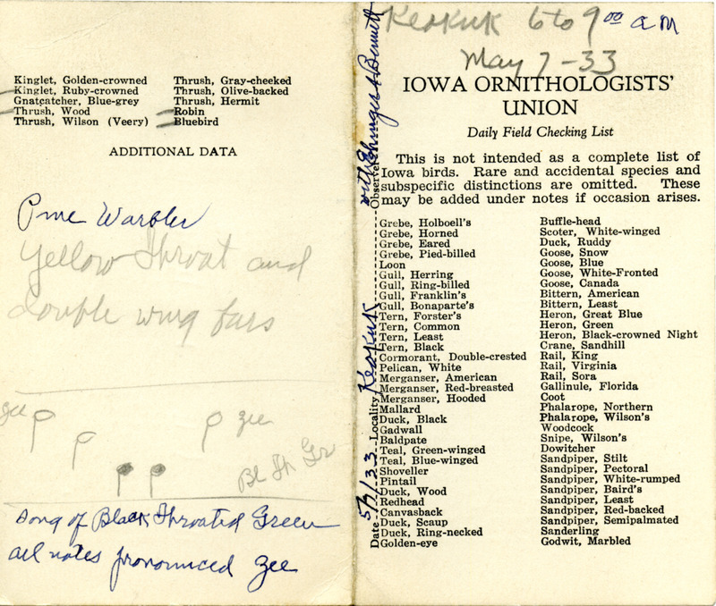 Bird checklist dated May 7, 1933. This checklist was used by Walter Rosene to record birds sighted around Keokuk with Walter Bennett and one other person between 6:00 and 9:00.