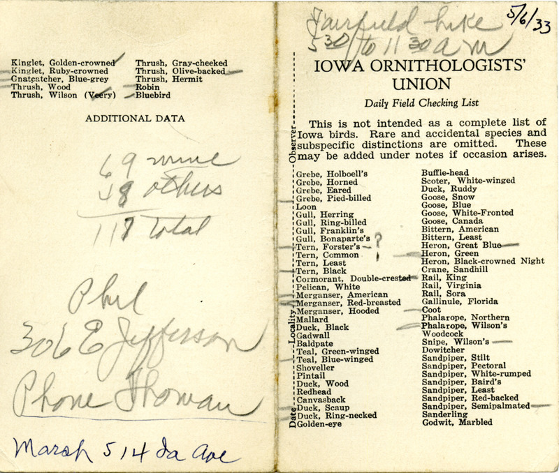 Bird checklist dated May 6, 1933. This checklist was used by Walter Rosene to record birds sighted around Fairfield during the Iowa Ornithologists' Union annual meeting field trip between 5:30 and 11:30.