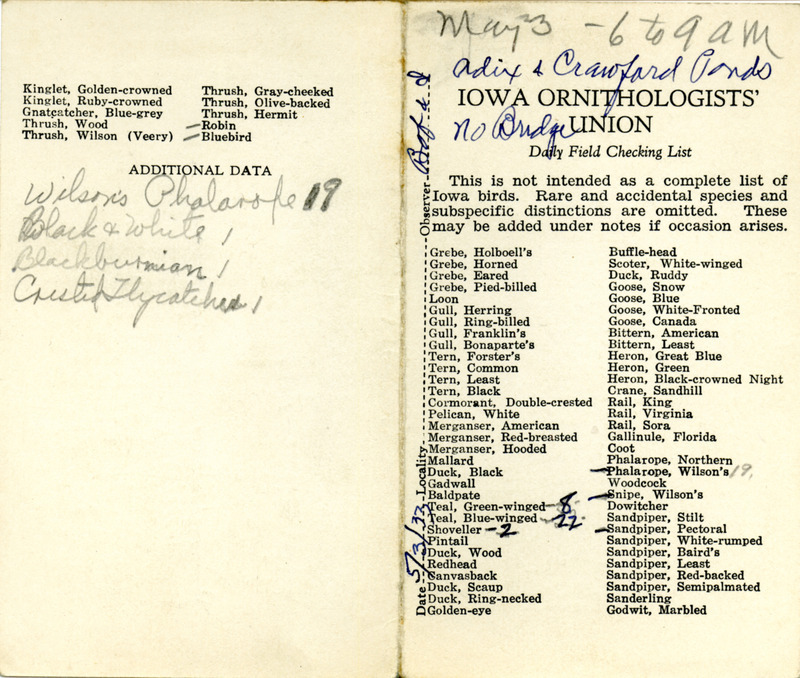 Bird checklist dated May 3, 1933. This checklist was used by Walter Rosene to record birds sighted around Adix and Crawford Ponds, and North Bridge with Bob Walker between 6:00 and 9:00.