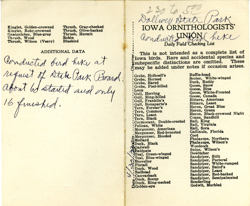 Bird checklist dated April 30, 1933. This checklist was used by Walter Rosene to record birds sighted around Dolliver State Park while conducting a bird hike at the request of the State Park Board between 2:30 and 5:00.