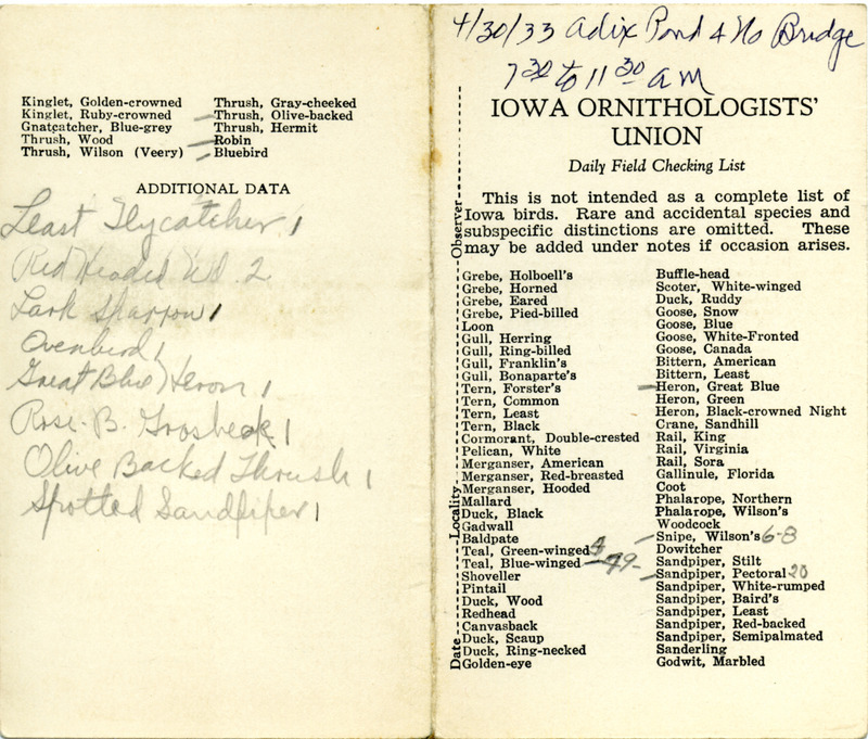 Bird checklist dated April 30, 1933. This checklist was used by Walter Rosene to record birds sighted around Adix Pond and North Bridge between 7:30 and 11:30.