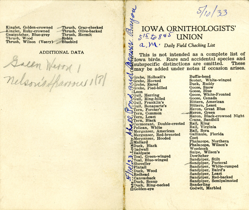 Bird checklist dated May 10, 1933. This checklist was used by Walter Rosene to record birds sighted around Schall Pond and Beaver Bayou between 5:15 and 8:45.