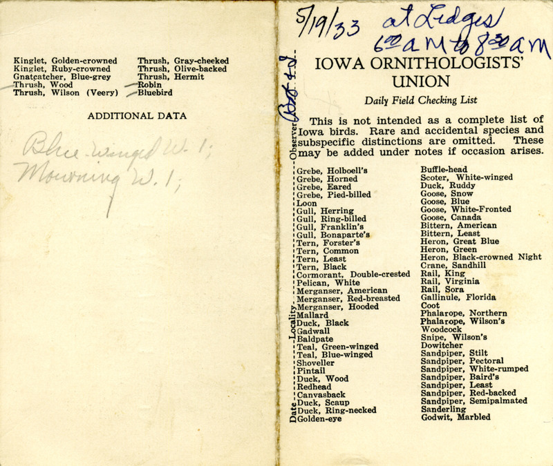 Bird checklist dated May 19, 1933. This checklist was used by Walter Rosene to record birds sighted around the Ledges with Bob Walker between 6:00 and 8:30.