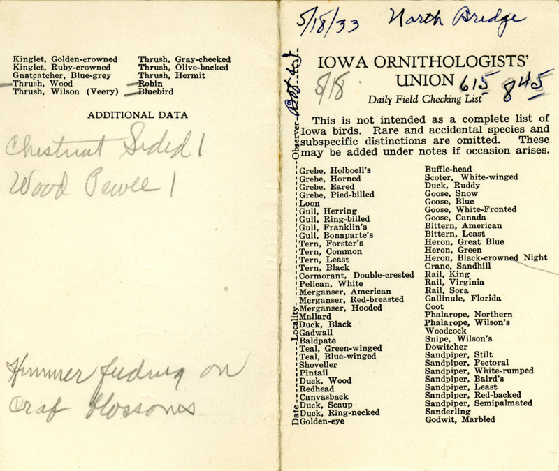 Bird checklist dated May 18, 1933. This checklist was used by Walter Rosene to record birds sighted around North Bridge with Bob Walker between 6:15 and 8:45.